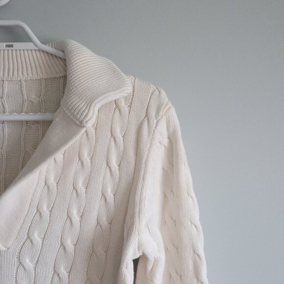 White Women's Cable Knit Collared V-Neck Ribbed Long Sleeve Pullover Sweater - Picture 6 of 11